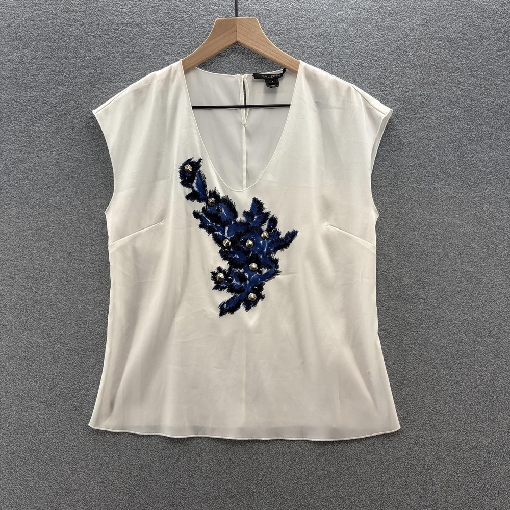 St John Blouse Womens 4 White Beaded Embroidered V Neck Cap Sleeve Top Satin